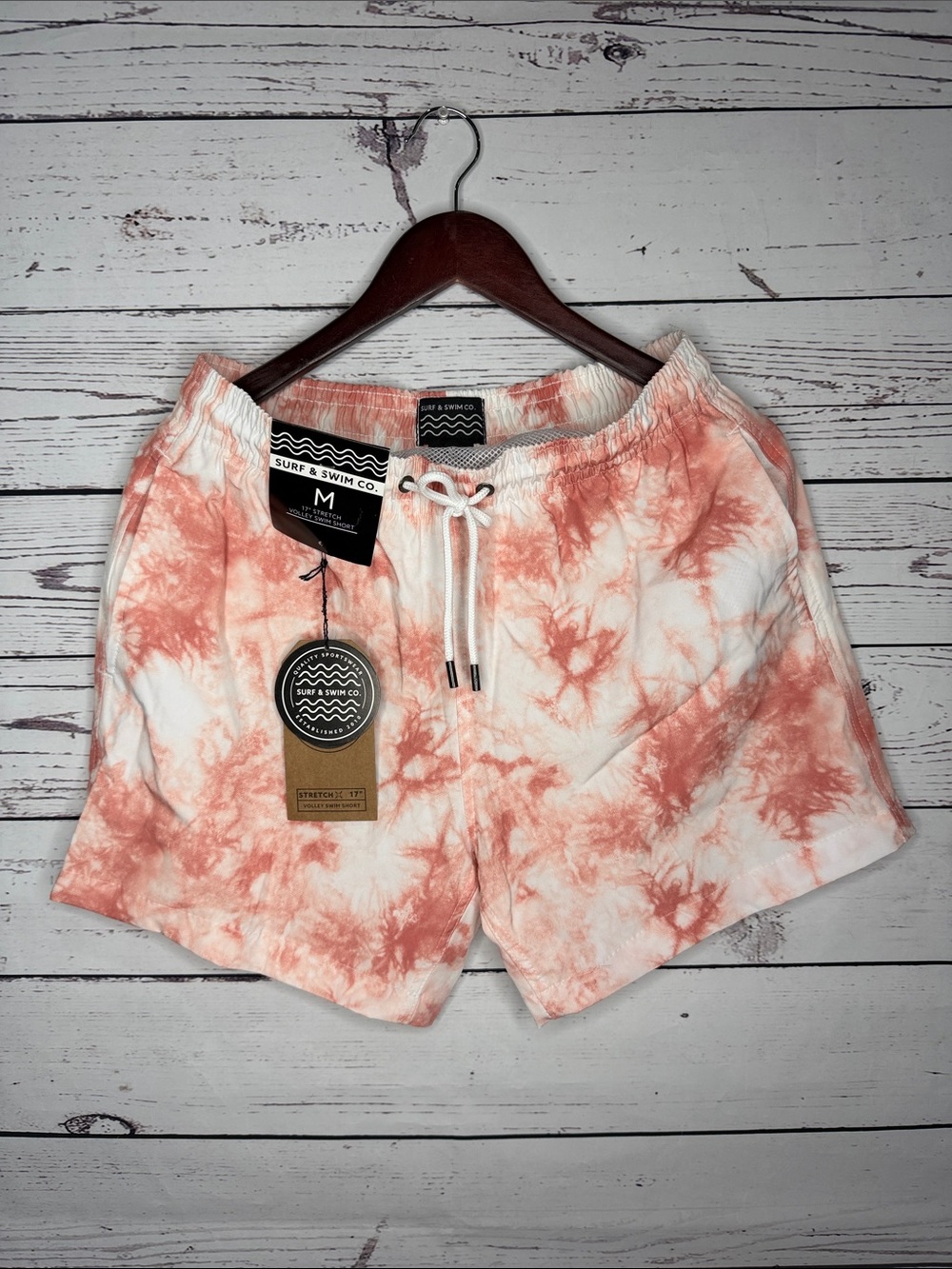 NWT Surf & Swim Co. Coral and white Tie-Dye Volley Swim Shorts Size Medium